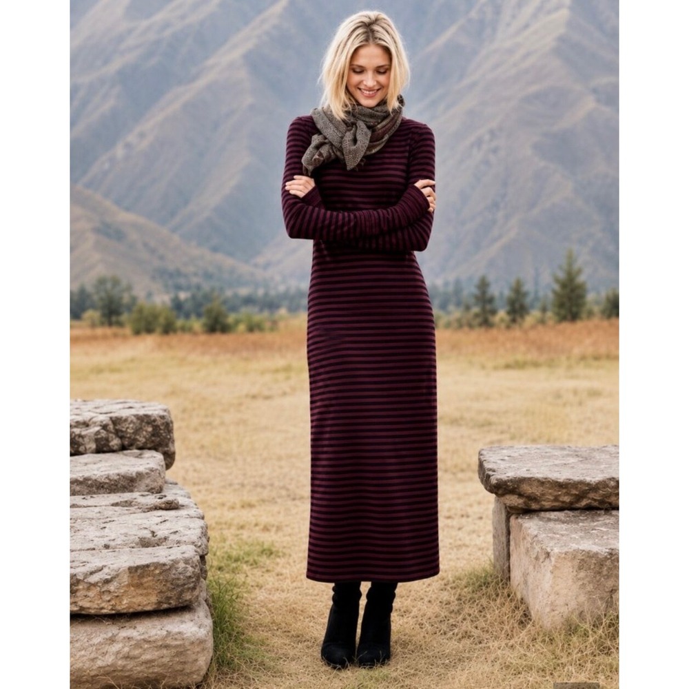 Peruvian Connection Andover Striped Pima Cotton Maxi Dress Burgundy Black Large